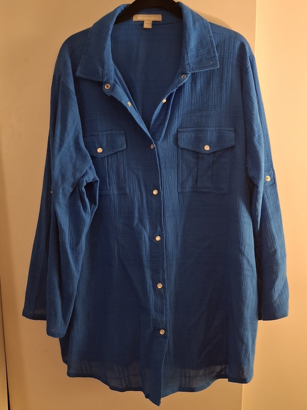 Woman Within Women's Blue Snap-Front 3/4 Sleeve Top